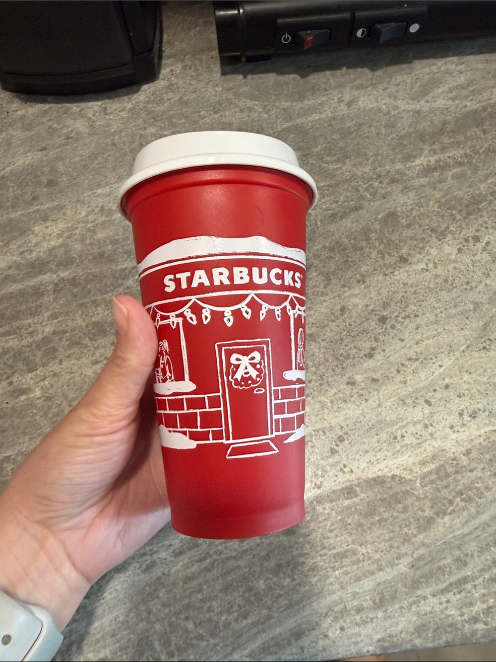 Starbucks Red Cup with White Holiday Illustration